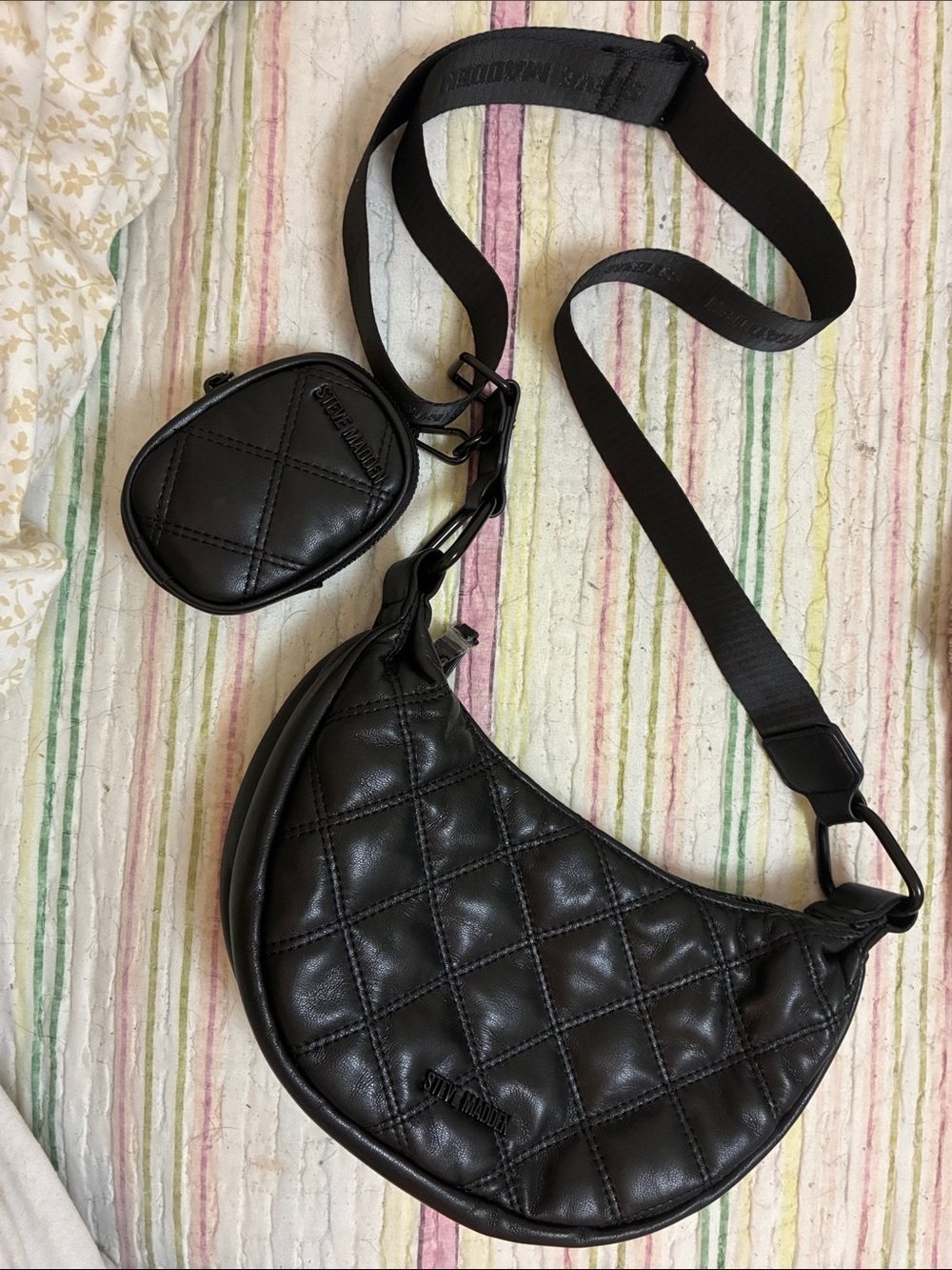 Steve Madden Black Quilted Crescent Crossbody Bag with Detachable Mini Pouch